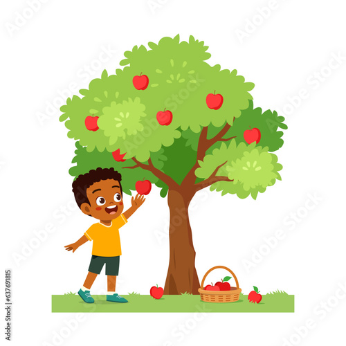 little kid harvest apple and feel happy