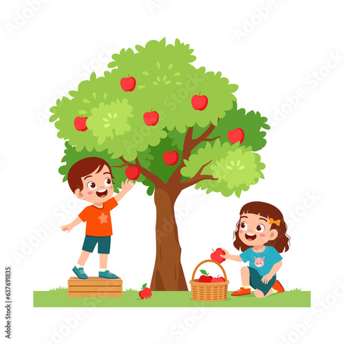 little kid harvest apple and feel happy