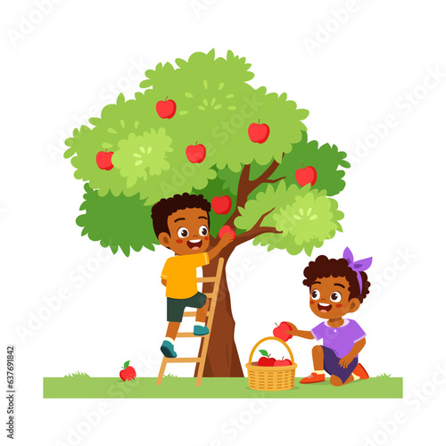 little kid harvest apple and feel happy