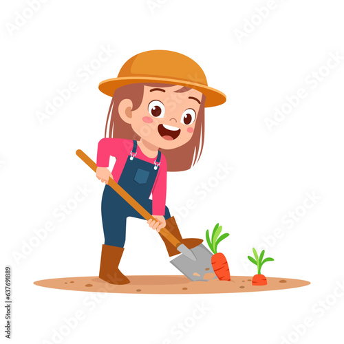 little kid planting carrot and feel happy