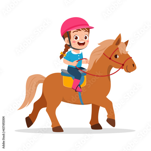 little kid riding horse and feel happy