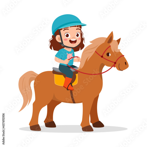 little kid riding horse and feel happy