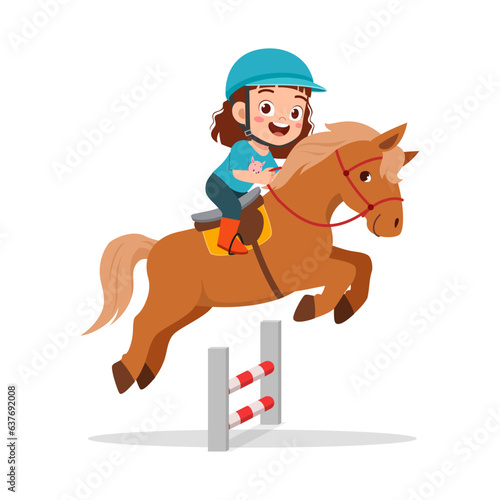 little kid riding jumping horse and feel happy