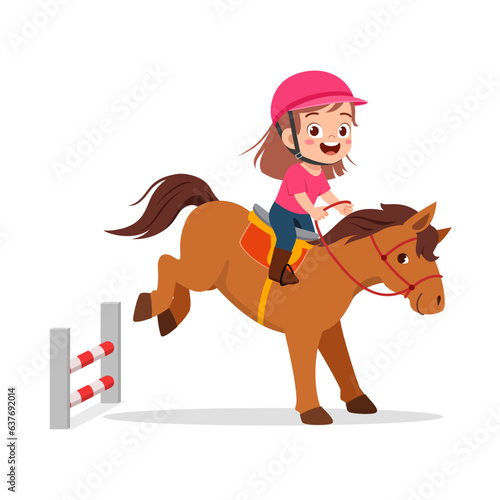 little kid riding jumping horse and feel happy