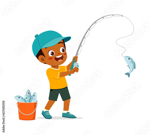 little kid catch fish with fishing rod and feel happy