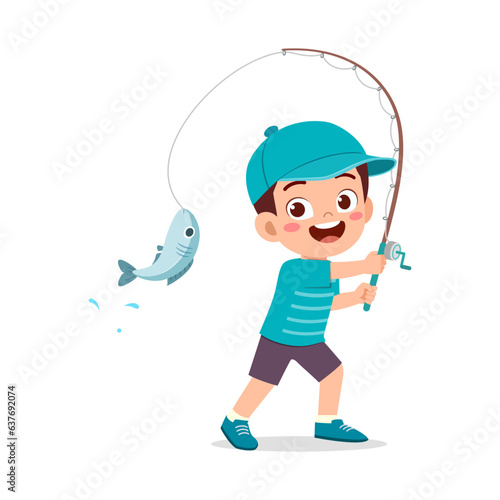 little kid catch fish with fishing rod and feel happy