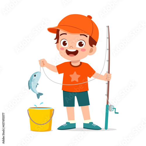 little kid catch fish with fishing rod and feel happy