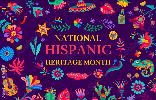 National hispanic heritage month festival banner with sombrero and guitar, chameleon or tropical flowers, pinata and cactus or tequila in traditional alebrije style. Vector announcement of latin event