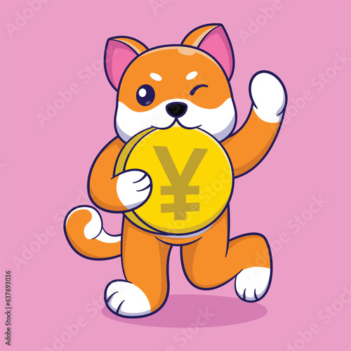 Cute shiba inu vector design with a coin