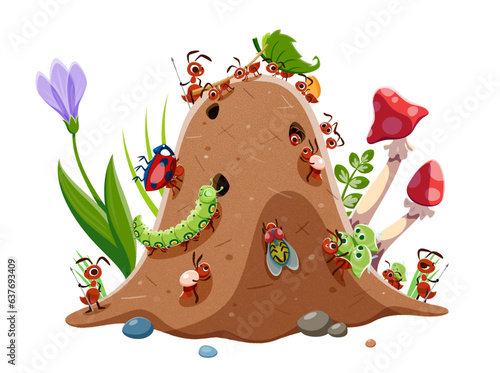 Cartoon ants characters, anthill colony. Funny insect personages with prey and foods on mound at summer lawn. Isolated vector termites pests in their nest on meadow, bugs in natural environment