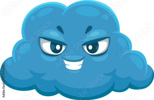 Cartoon cute cloud weather character. Vector sinister and looming, grey evil cloud personage with gloomy face expression, foreboding impending doom and unleashing its wrath upon the unsuspecting world