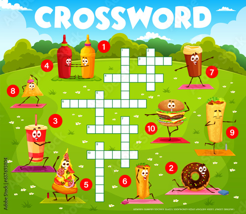 Crossword quiz game, cartoon fast food characters on yoga fitness, vector worksheet grid. Pizza, cheeseburger and burrito fast food with funny ketchup and mustard on kids crossword grid to guess word