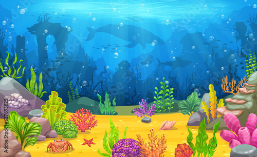 Underwater landscape with sea animal silhouettes, sunken ancient town and bright seaweeds on bottom. Underwater aquatic life vector wallpaper with whale, shark, fish shoal silhouette and seaweed