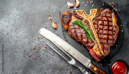 grilled cowboy steak with spices on a knife on a stone background with copy space for your text