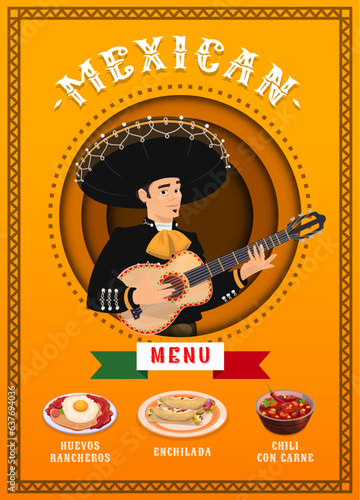 Mexican cuisine menu page with mariachi musician and food. Showcasing mouthwatering array of traditional dishes such as huevos rancheros, enchilada and chili con carne, bursting with authentic flavors