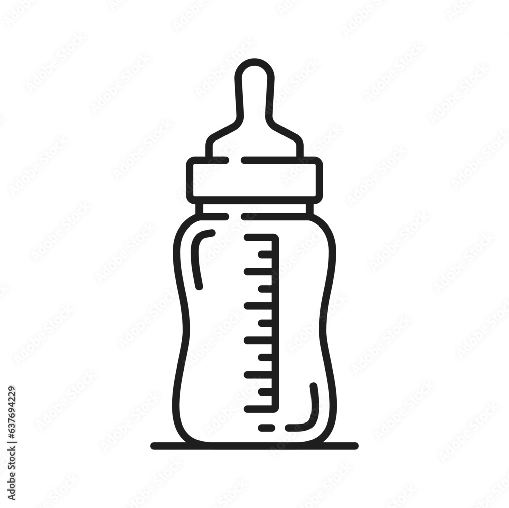 Baby milk bottle isolated thin line icon. Vector glass or plastic bottle with measuring scale and silicone rubber pacifier, sterile container Baby milk bottle isolated thin line icon. Vector glass or plastic bottle with measuring scale and silicone rubber pacifier, sterile container