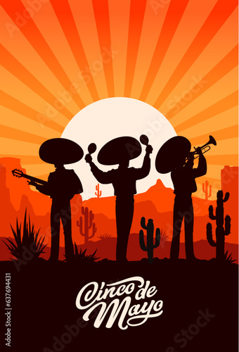 Cinco de mayo holiday, mexican mariachi musician silhouettes on sunset at desert. Vector vertical poster with trio of men wear sombrero playing maracas, guitar and trumpet at deserted dusk landscape