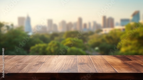 empty wooden table rustical style for product presentation with a blurred city park in the background
