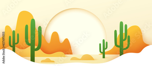 Mexican desert paper cut landscape with mountains, sand and cactuses. Vector vibrant 3d papercut art with rocks, sandy dunes, and iconic cacti, capturing the nature beauty of western arid environment