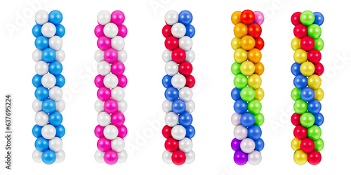 Set of linear balloon clusters, colorful balloon columns, celebration design element, 3d Illustration