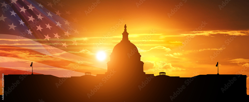 American holiday. Usa flag. Capitol building silhouette on sunset background.
