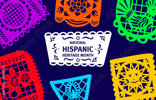 National hispanic heritage month festival banner with papel picado paper cut banners and flags. Vector background announcing annual event which celebrate rich culture of Spanish communities