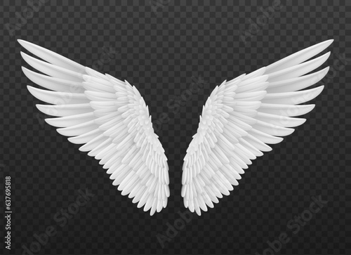 Realistic isolated angel wings with white feathers. Isolated 3d vector graceful and ethereal symbol of divine protection and spiritual guidance, evoke a sense of heavenly beauty and serenity