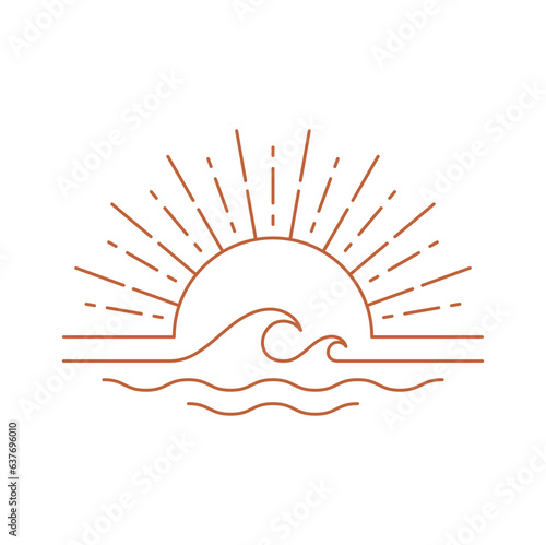 Linear boho icon, sunrise or sunset on sea waves isolated abstract bohemian logo. Vector sun logo design template, decoration in modern minimalist style