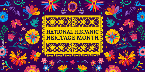 National hispanic heritage month festival banner with tropical plants, flowers and papel picado. Vector announcement for celebrating hispanic traditional festival, fostering a sense of unity and pride