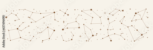 Space star constellation border. Night galaxy sky map, mystic astrology. Vector chart displaying positions of celestial objects visible in night sky. Pattern for astronomy, esoteric, tarot, and magic