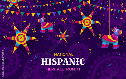 Holiday pinatas on national hispanic heritage month festival banner. Vector vibrant cultural event promo background with colorful stars, donkey, flag garlands and confetti on purple patterned backdrop