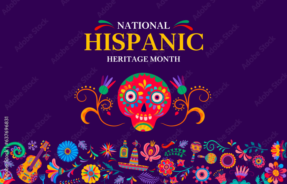 National hispanic heritage month festival banner with calavera skull and tropical flowers. Vector background for celebrating the rich cultural heritage of the hispanic community