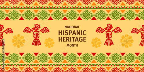 Ethnic mayan aztec eagle bird totem and pattern on national hispanic heritage month festival banner. Vector background in authentic style for celebrating rich cultural heritage of Spain community