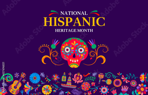 National hispanic heritage month festival banner with calavera skull and tropical flowers. Vector background for celebrating the rich cultural heritage of the hispanic community