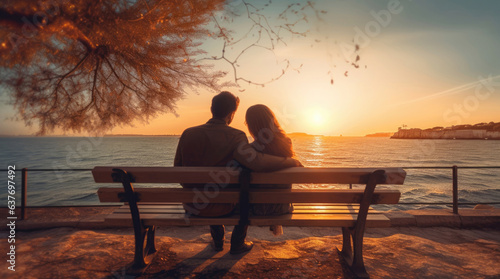 Young couple in love sitting on a bench against the sunrise on the sea