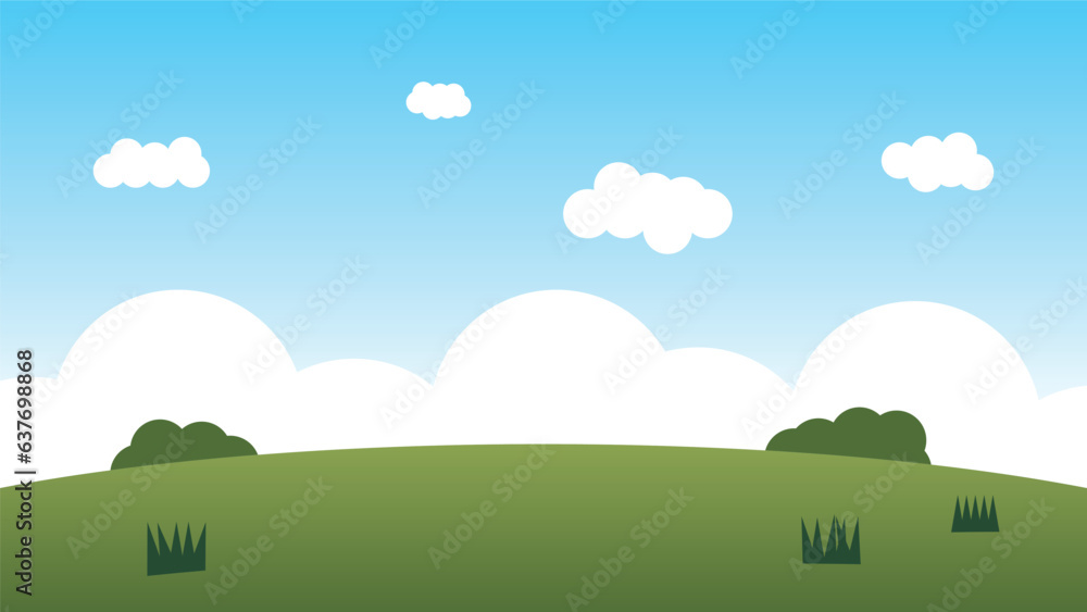 landscape cartoon scene with green hills and white cloud in summer blue sky background