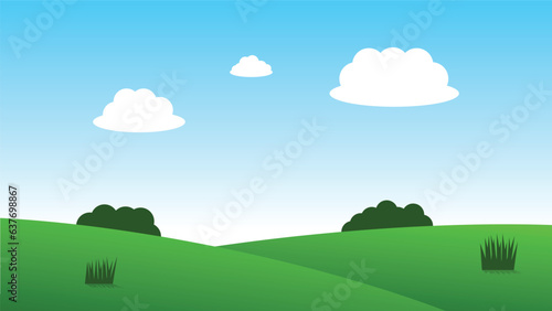 landscape cartoon scene with green hills and white cloud in summer blue sky background