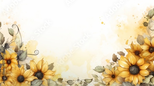 Watercolor sunflowers around border background. Watercolor floral Botanical Drawing