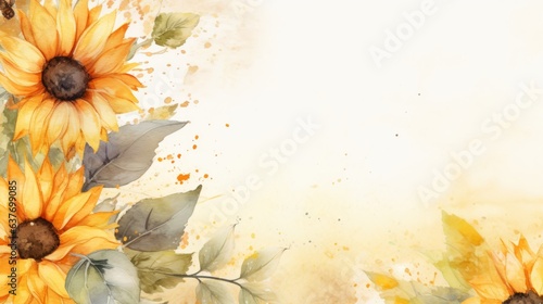 Watercolor sunflowers around border background. Watercolor floral Botanical Drawing
