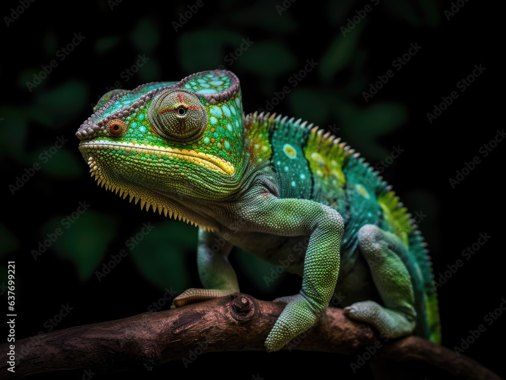 The chameleon sits on a branch and hunts for insects.