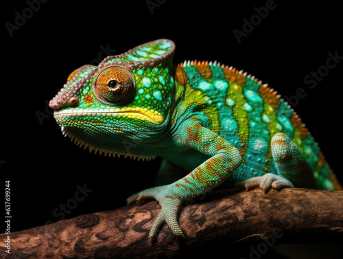 The chameleon sits on a branch and hunts for insects. © Artemiy