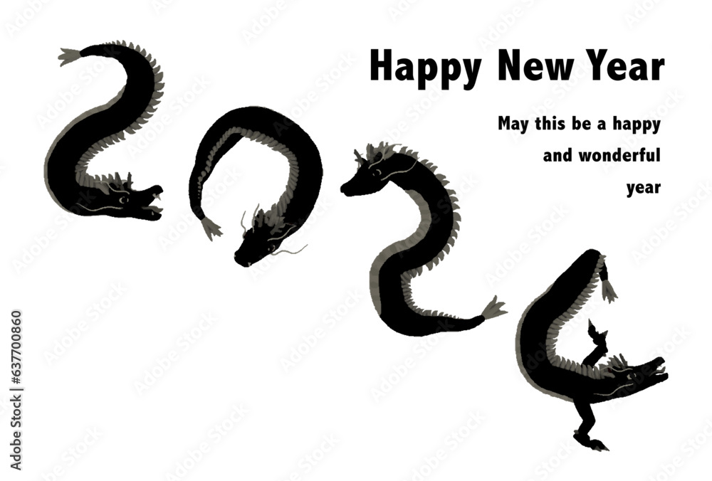 Obraz premium 辰年年賀状テンプレート 2024竜の筆文字デザイン 白背景