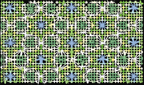 Abstract white star, green line, blue shape flower in black texture background pattern. Flora wallpaper pattern design for decoration. Vector illustration.