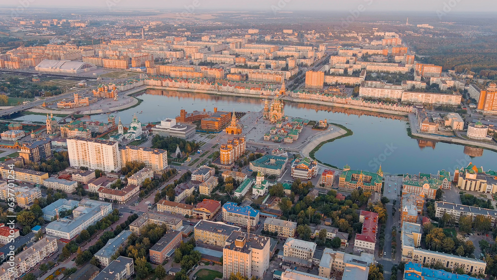 Yoshkar-Ola, Russia. Panorama of the central part of the city from the air during sunset, Aerial View