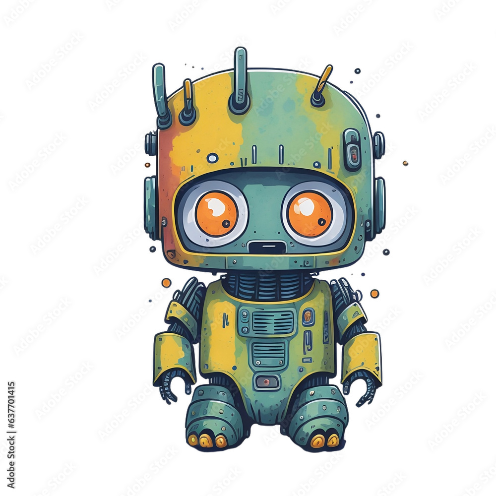 Watercolor Cute Baby Robot Isolated on Transparent And White Background.