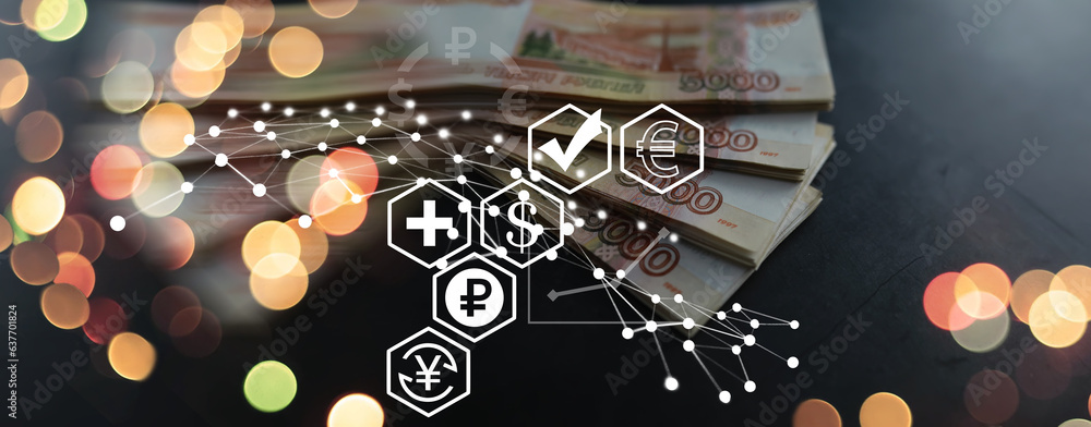 Fototapeta premium Russian money background. Russian roubles, russian rubles cash closeup. Rubles in cash. Finance and business background. 5000 rubles. Money macro.