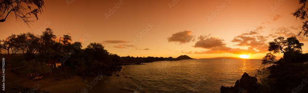 Panorama of Hawaii's landscape with sunset