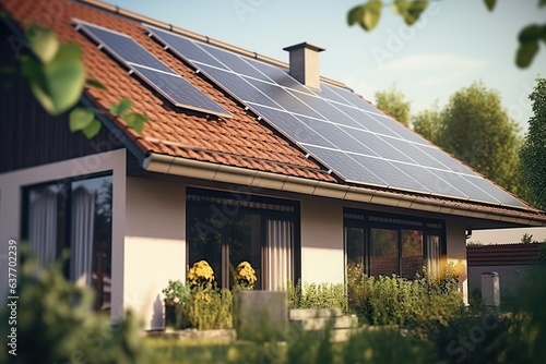 Wallpaper Mural Close-up building with solar panels on the roof. Sustainable and clean energy at home Torontodigital.ca