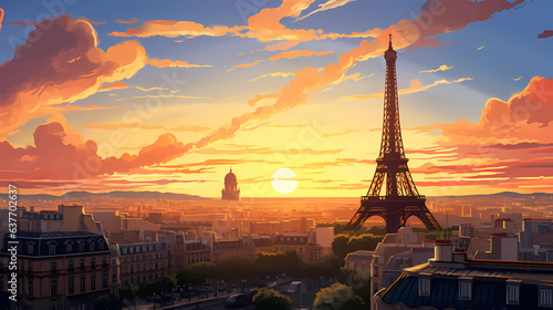 the majestic Eiffel Tower against a sunset sky #637702637