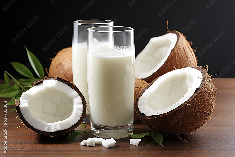 Fresh coconut milk with coconut .Health food, diet concept.Created with Generative AI technology. Fresh coconut milk with coconut .Health food, diet concept.Created with Generative AI technology.